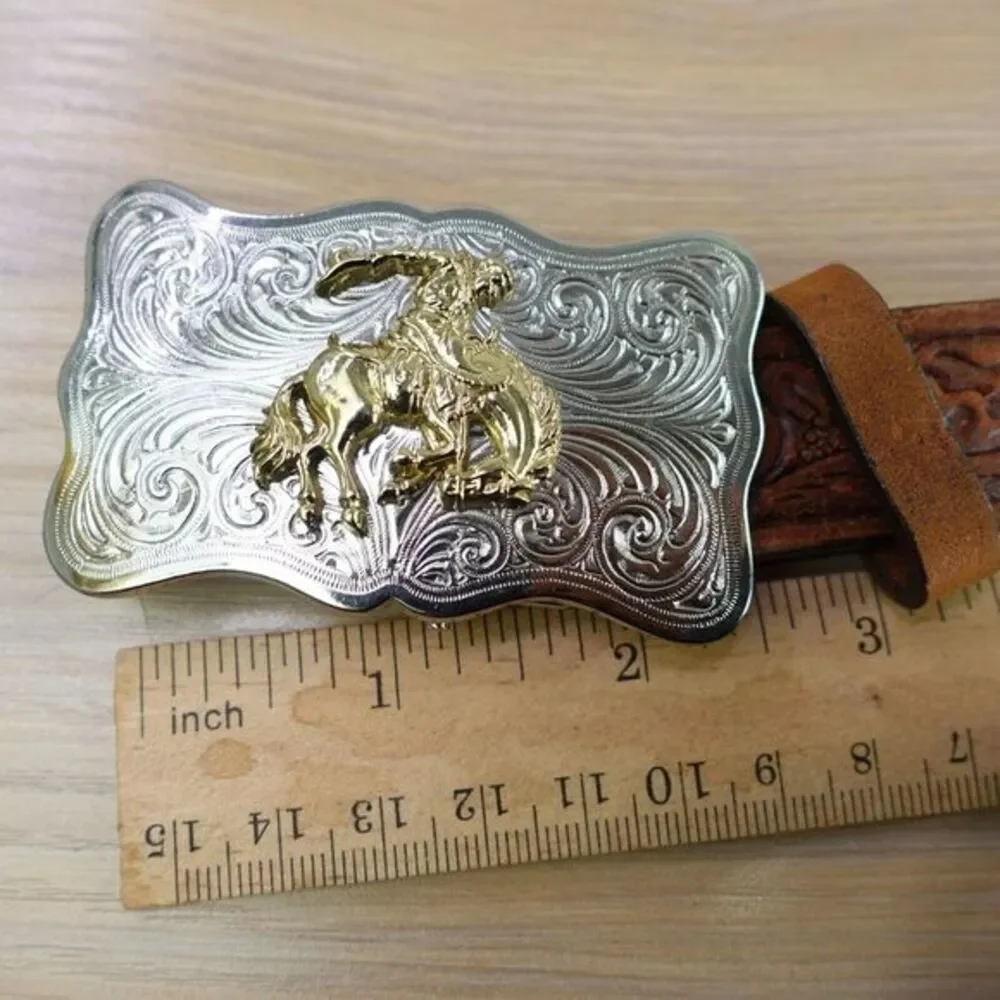 Western Top Grain Leather Belt‎ XS 28 JUSTIN Brown Tooled Rodeo Cowboy Buckle